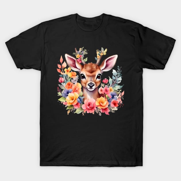 A deer decorated with beautiful watercolor flowers T-Shirt by CreativeSparkzz